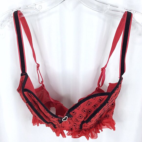 Paramour by Felina Women's Balconette Bra 34DD Red Black Ruffle Sexy Valentine's - Picture 3 of 8